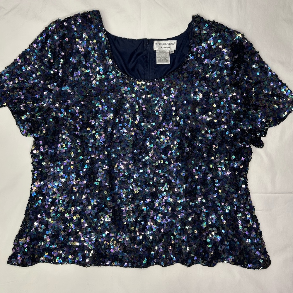 Vtg Papell Boutique Evening Black Silk Sequined Top Size 22 For Craft Or Wear